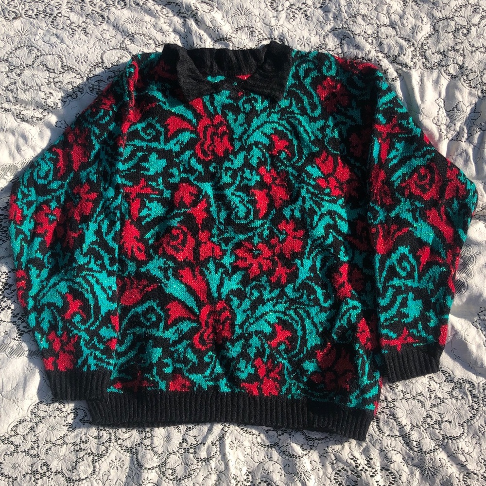 Vintage Green & Red Glittery Christmas Sweater - Picture 2 of 5